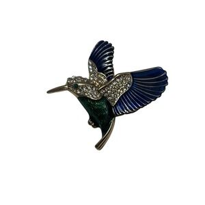 Vintage KC Gold Tone Green Blue Enamel Rhinestone Bird Hummingbird Brooch Pin